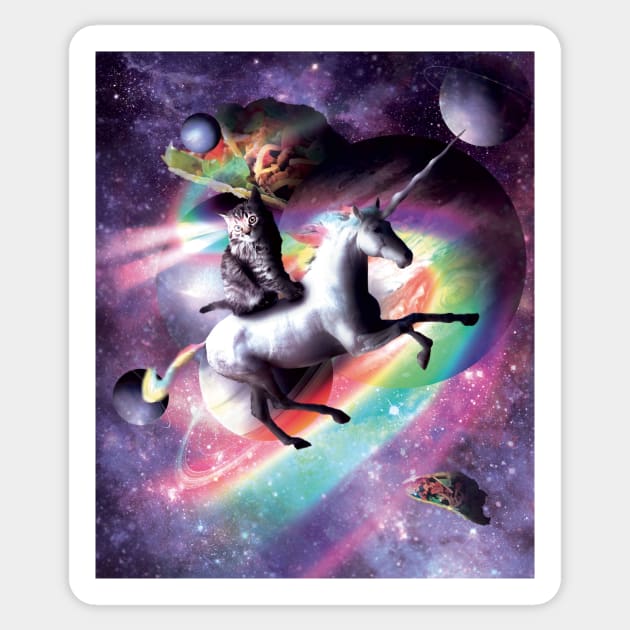 Space Cat Riding Unicorn - Laser, Tacos And Rainbow Sticker by Random Galaxy